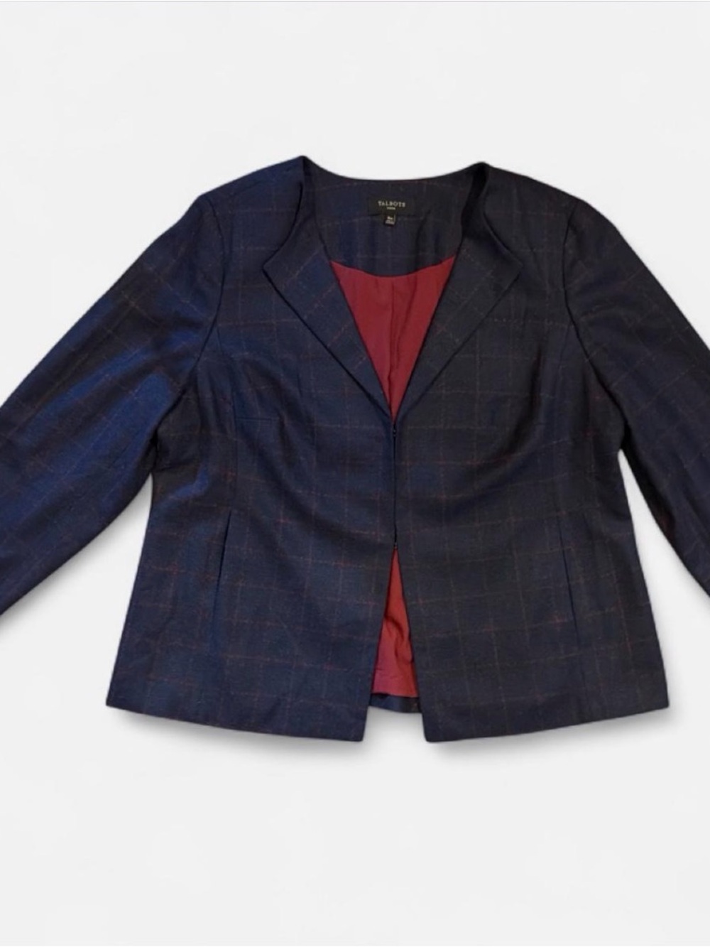 Talbots Wool Navy Windowpane Collarless Blazer with Burgundy Lining